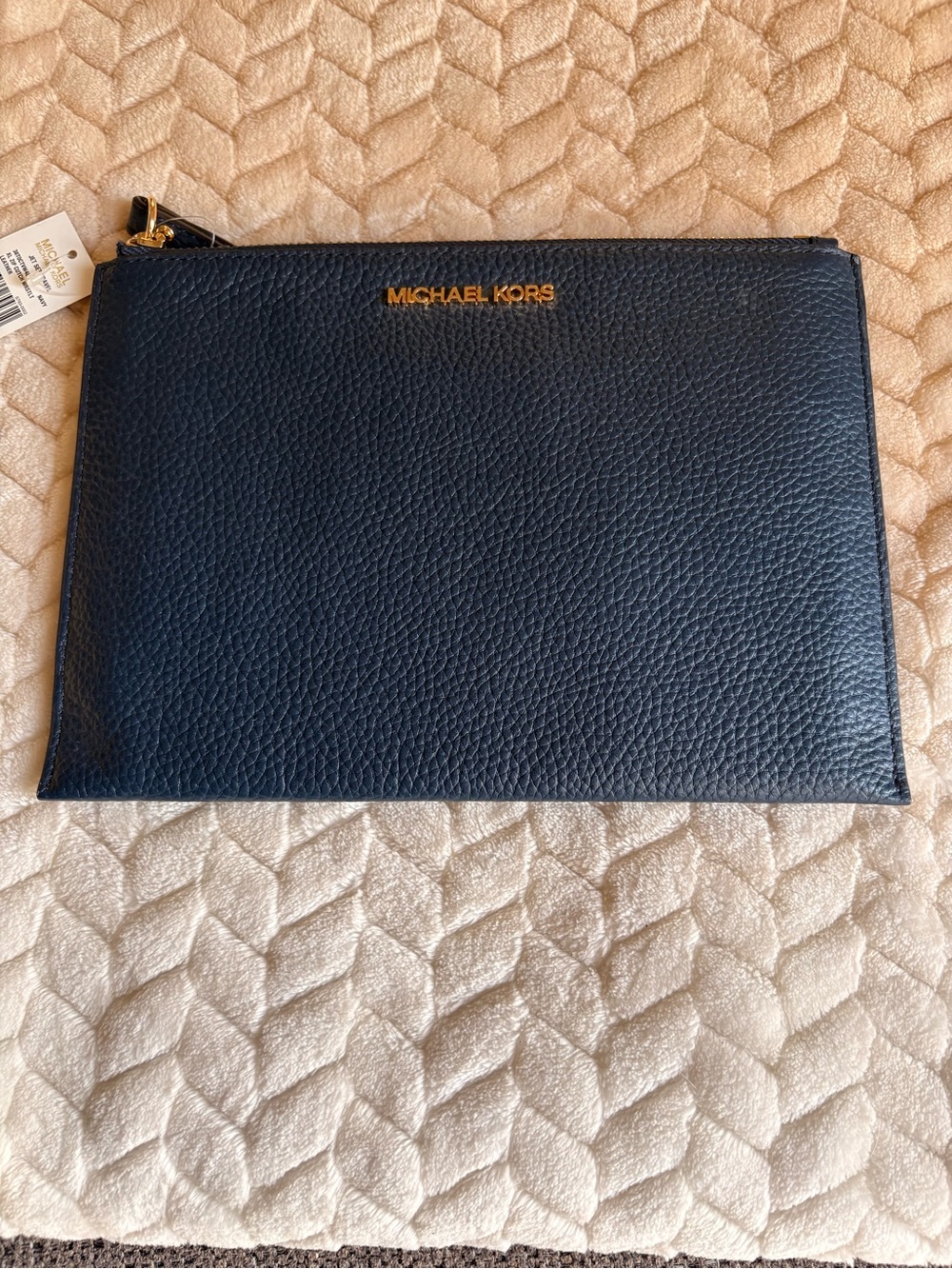 Michael Kors Black Pebbled Leather Zip Toiletry Pouch with Gold Logo